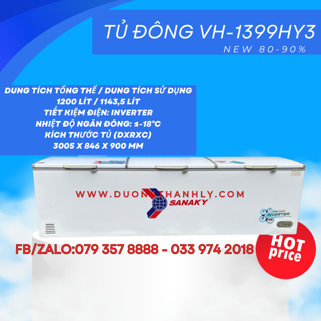 Tủ đông suốt 3 Cánh 1300Lít/inverter đã qua sử dụng