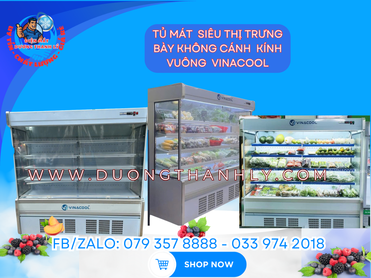 Tu mat sieu thi trung bay khong canh kinh vuong vinacool
